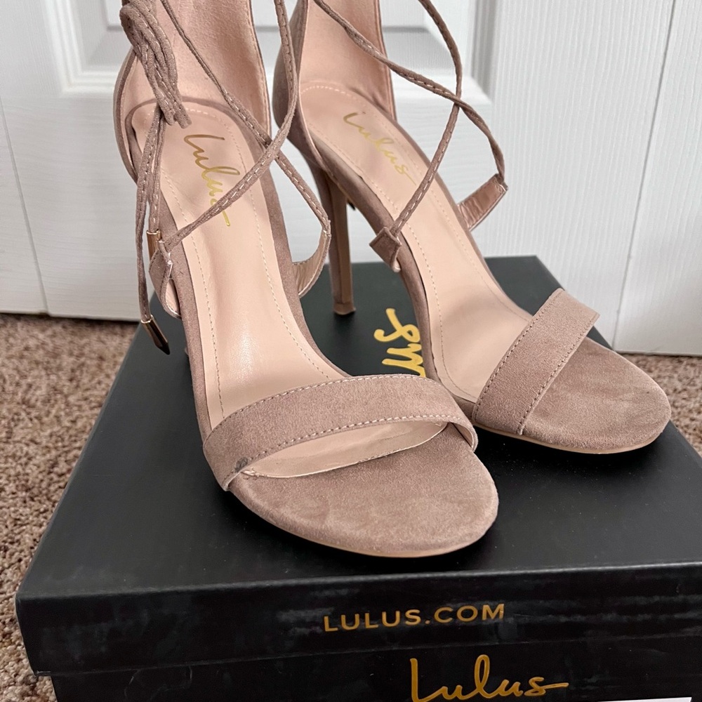 Lulu's Tan Stiletto Heels with Crisscross Straps